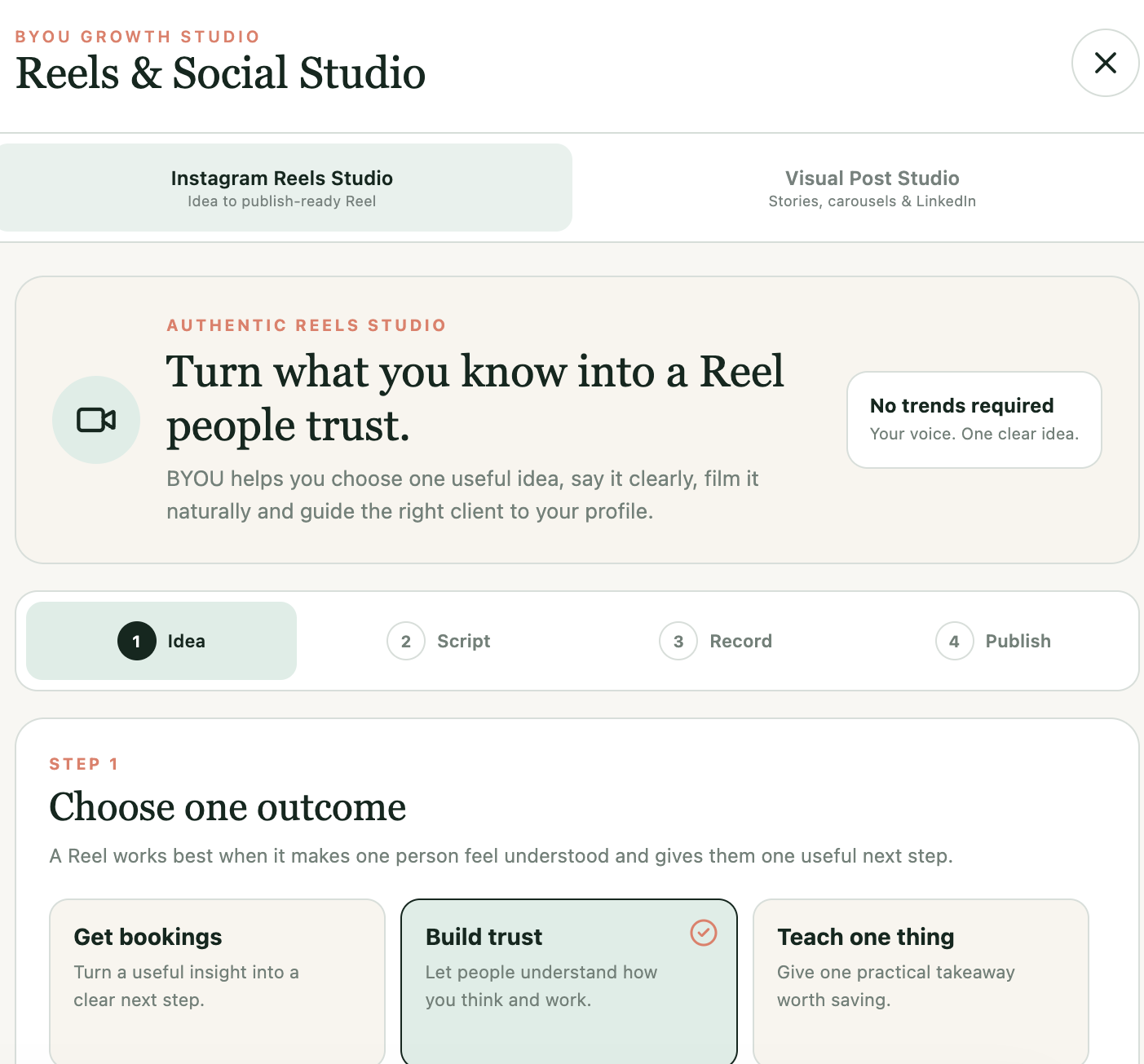 BYOU Growth Studio showing the Instagram Reels Studio and its four step content process