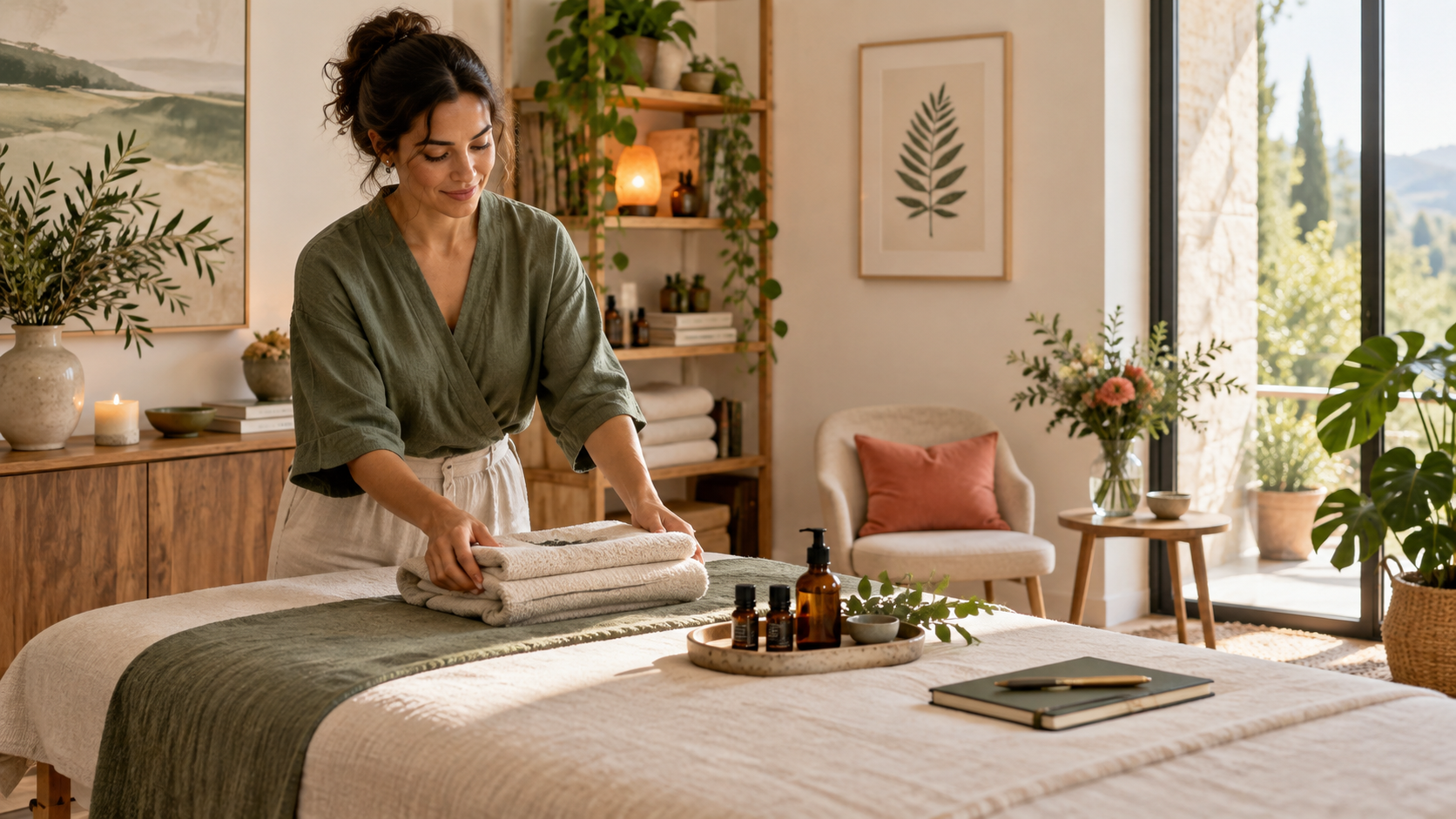 Holistic wellness practitioner preparing a refined treatment space