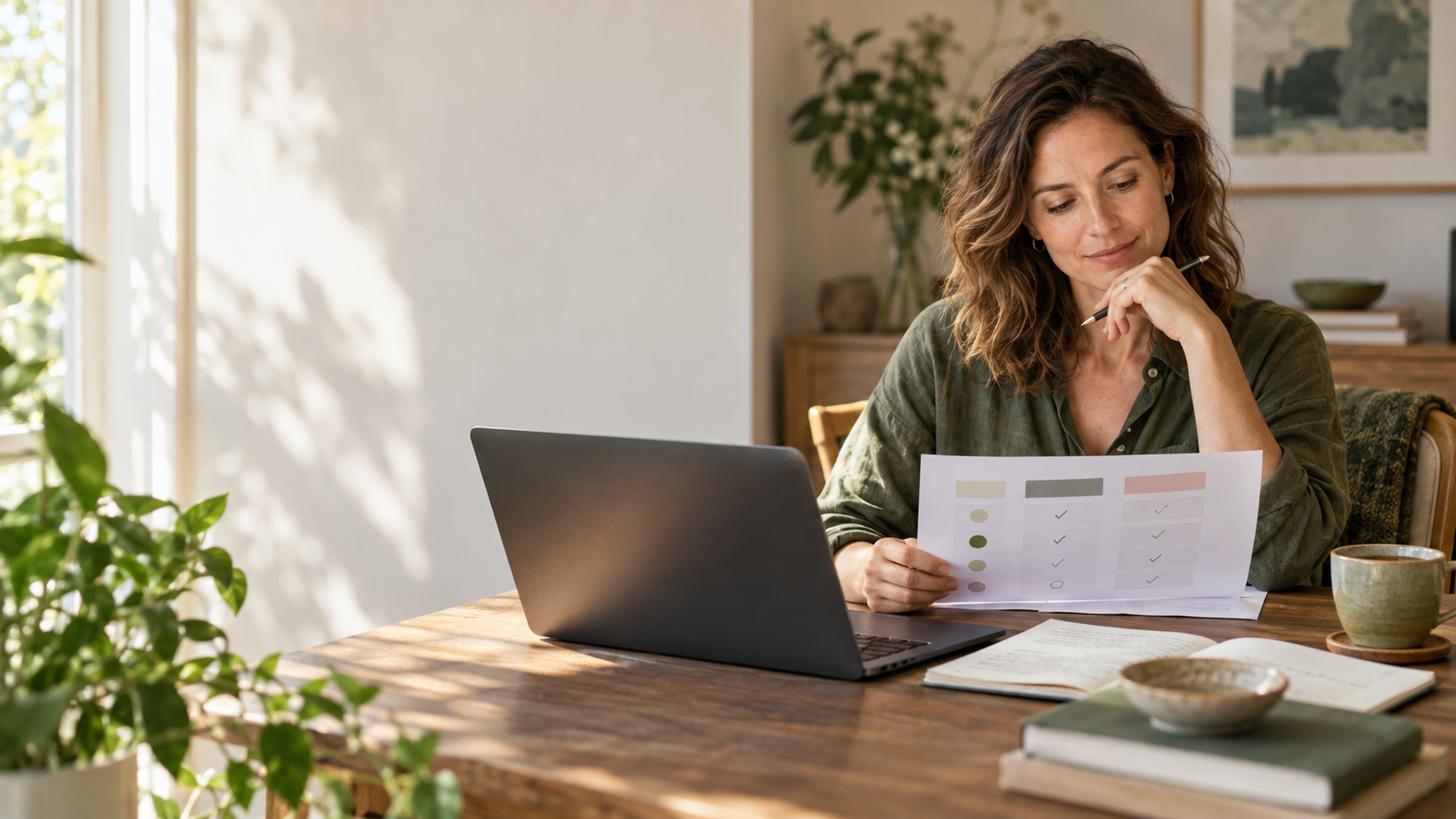 Coach comparing platform options in a calm professional workspace